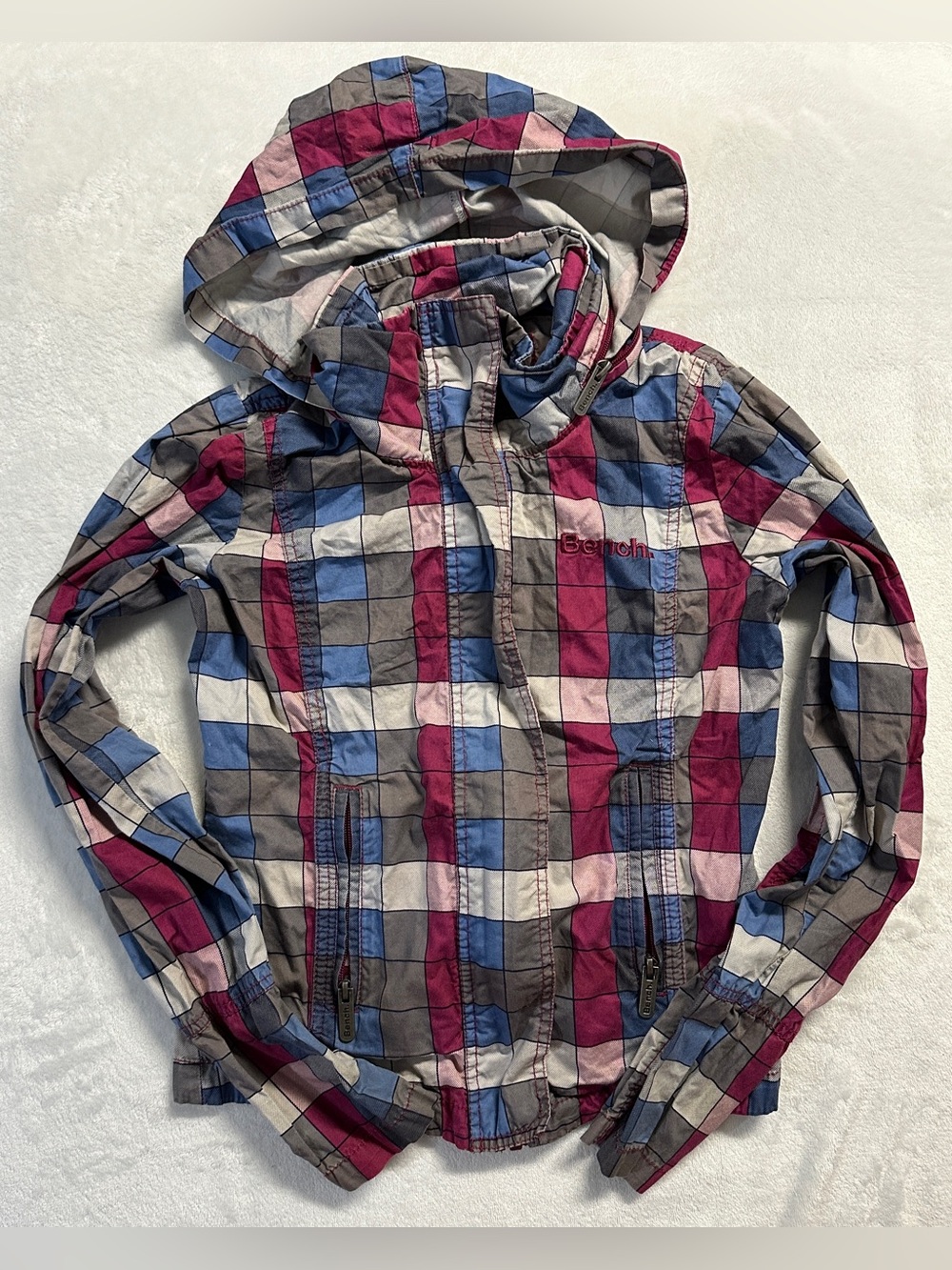 Y2K BENCH women's burgundy multicolour checkered plaid lightweight jacket, XS.